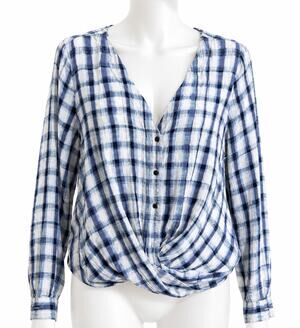 a new approach Shirt Size L Blue Plaid Lightweight Preppy Casual STAIN ON SLEEVE
